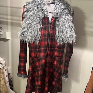 Chic Red Plaid Teddy Jacket with Gray Faux Fur